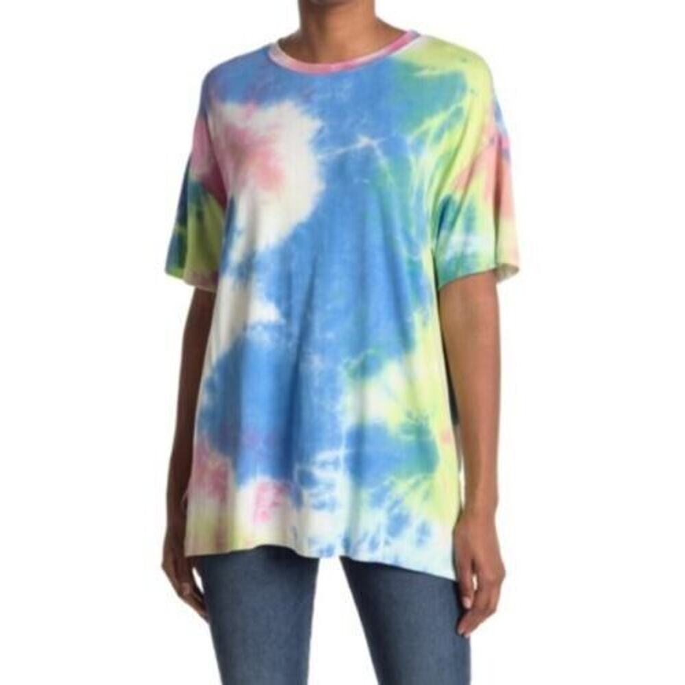 Lush Women"s Crew Neck Side Slits Short Sleeve Tie Dye Print T-Shirt Small